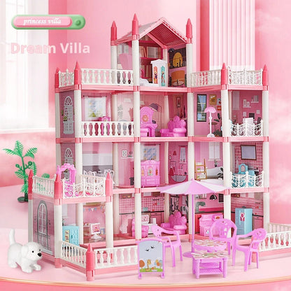 Large Dollhouse, Toddler House for Girls - with dolls, furniture, accessories, LED lights, 4 stories princess dream house toys Good Vibrations