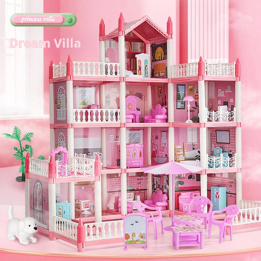 Large Dollhouse, Toddler House for Girls - with dolls, furniture, accessories, LED lights, 4 stories princess dream house toys Good Vibrations