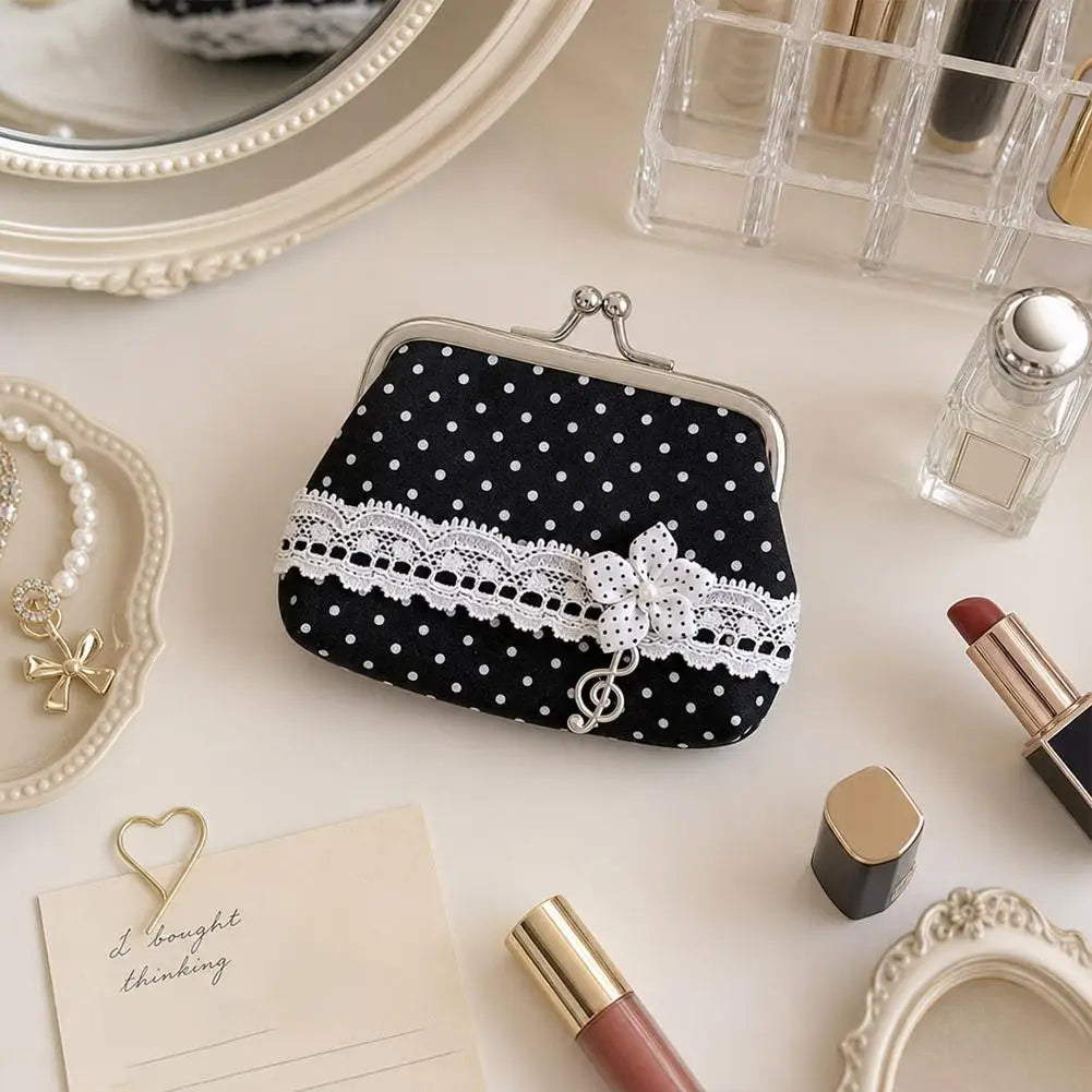Cute Y2k Coin Purses Lady Small Wallet Wave Dot Handmade Lace Showa Rose Vintage Bag Hanging Pendant Earphone Bag Wallet Good Vibrations