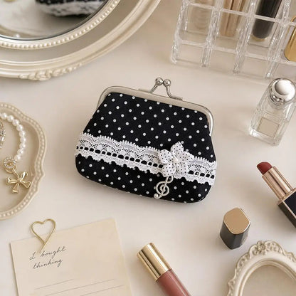 Cute Y2k Coin Purses Lady Small Wallet Wave Dot Handmade Lace Showa Rose Vintage Bag Hanging Pendant Earphone Bag Wallet Good Vibrations