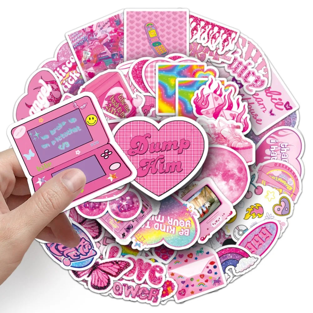 10/50Pcs Y2K Style Pink Graffiti Sticker Millennium Sticker Decoration for Phone Case Luggage Case Sticker Waterproof for Girls Good Vibrations
