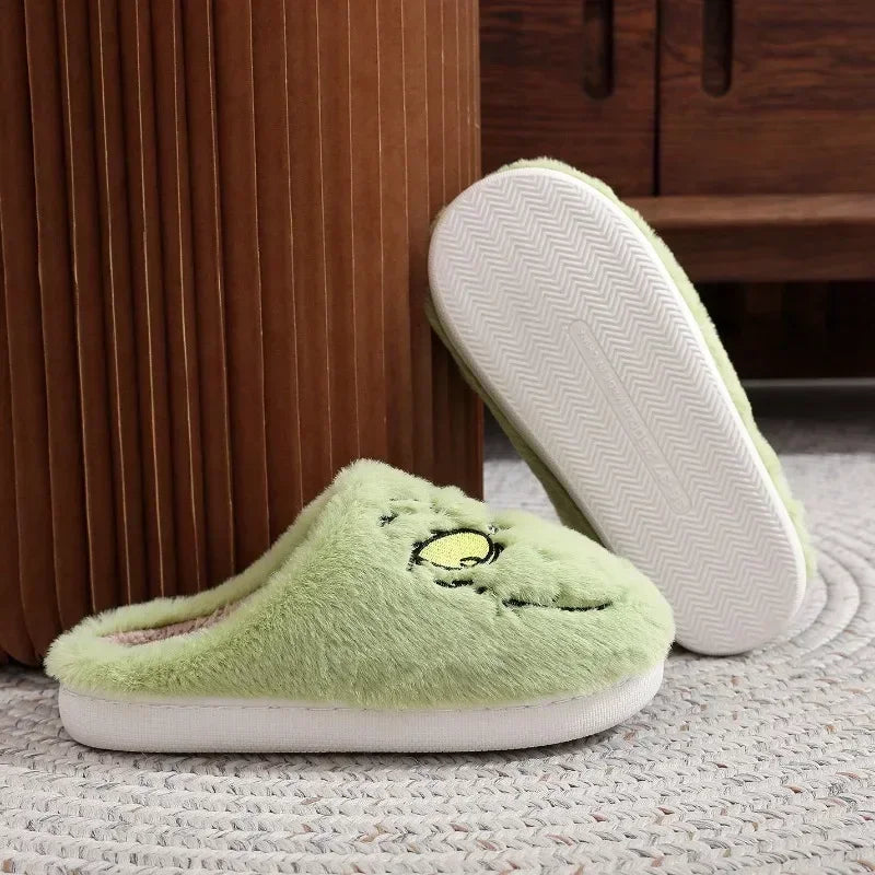 Christmas Plush Slippers Women Winter Warm Cute Home Green Haired Monster Slippers Funny Non Slip Cotten Shoes New Year Gift Good Vibrations