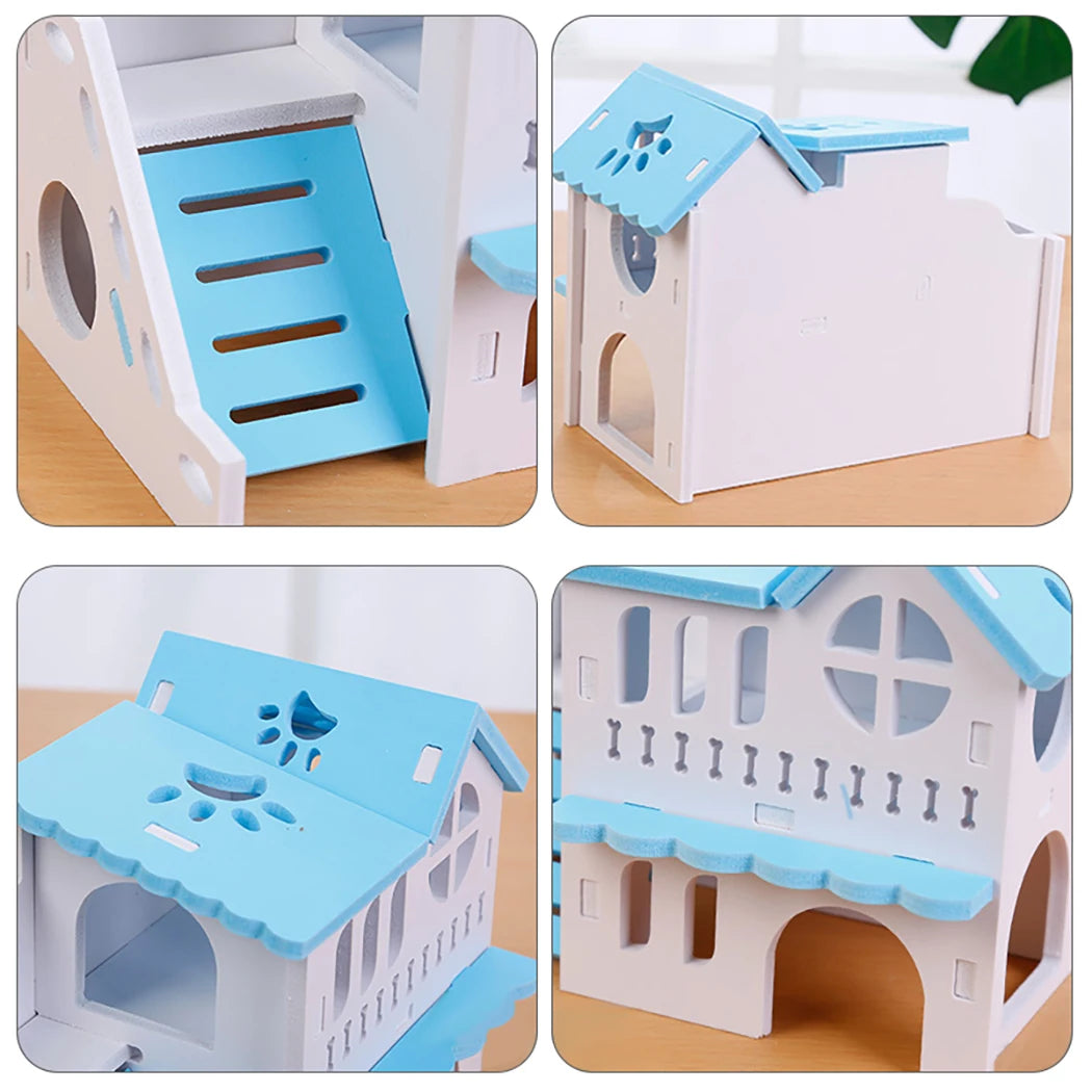 Hamster House Toy Pet Small Animal Hideout Hamster Wooden House 2 Layers With Ladder Design Wooden Hut Play Toys Good Vibrations