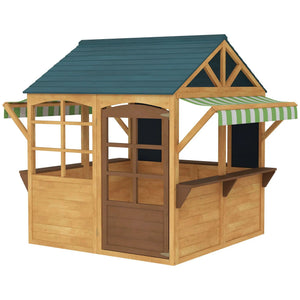 Wooden Outdoor Playhouse, Foldable Kids Cottage with Windows, Working Door, Snack Bars, Waterproof Covers, for 3-8 Years Good Vibrations