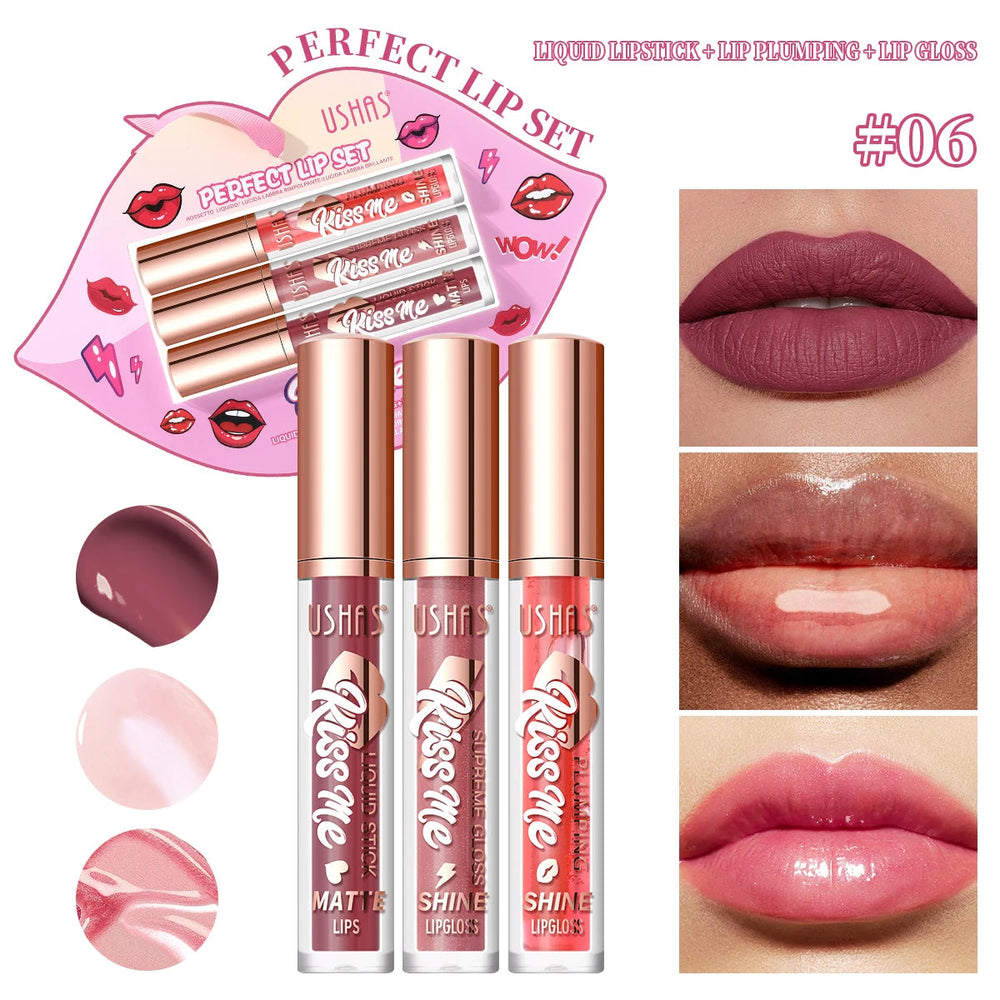 USHAS 3 Pcs/Set Lip Gloss Set, Matte and Glossy Lip Glaze Suit, 3 Different Colors in 1 Set, Perfect Gift for Girls&Women Good Vibrations