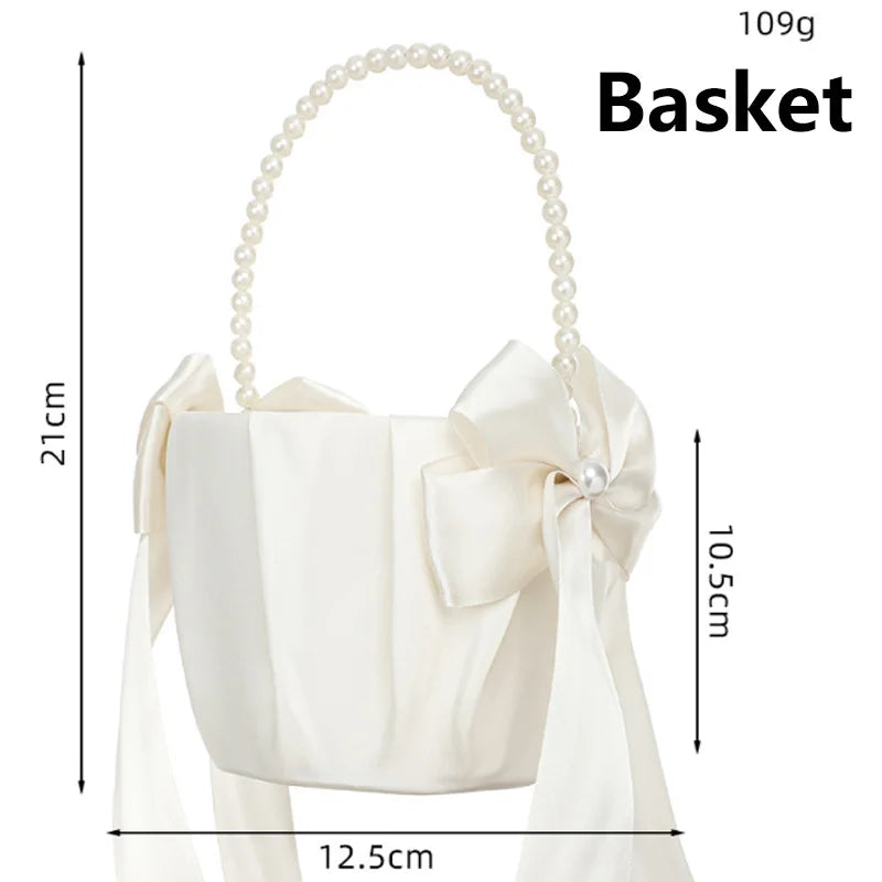 Flower Girl Basket Ring Bearer Pillow Set White Romantic Satin Bow Pearls Ring Pillow For Bride/Kid Wedding Ceremony Party Decor Good Vibrations
