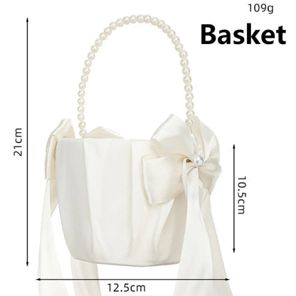 Flower Girl Basket Ring Bearer Pillow Set White Romantic Satin Bow Pearls Ring Pillow For Bride/Kid Wedding Ceremony Party Decor Good Vibrations