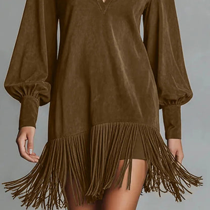 Spring Retro Solid Imitation Suede Tassel Dress Woman Sexy Lapel Hollow A-Line Mini Dress Autumn Long Sleeve Elegant Party Dress Good Vibrations