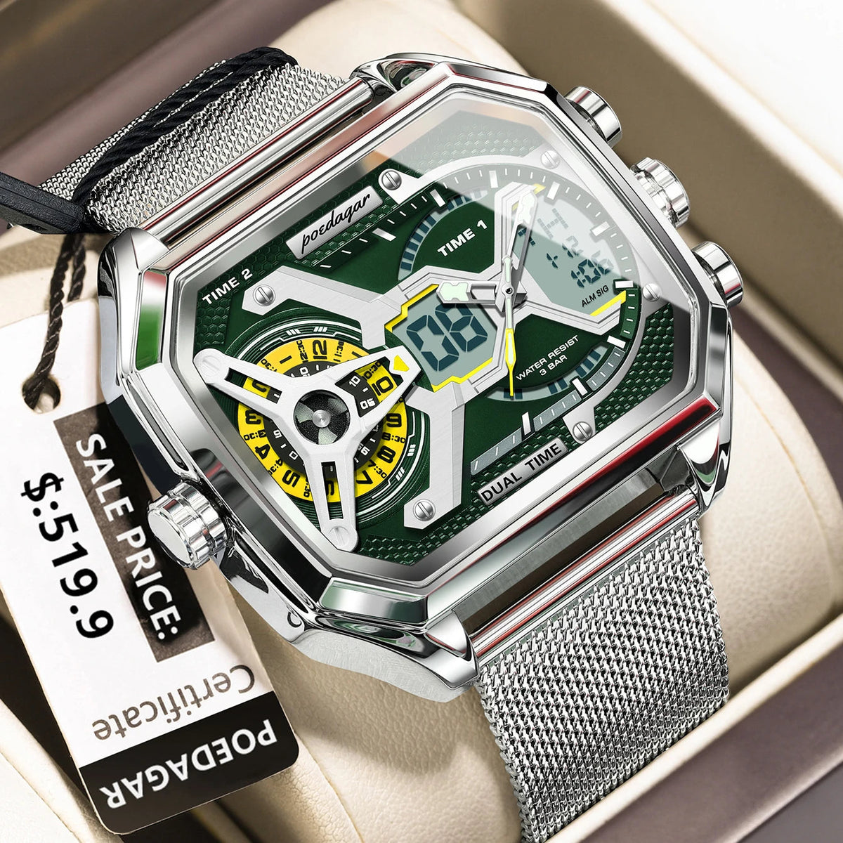 POEDAGAR Top Fashion Men Clock Rectangle Waterproof Date Week LED Man Watch Electronic Mesh Stainless Steel Quartz Men's Watches Good Vibrations