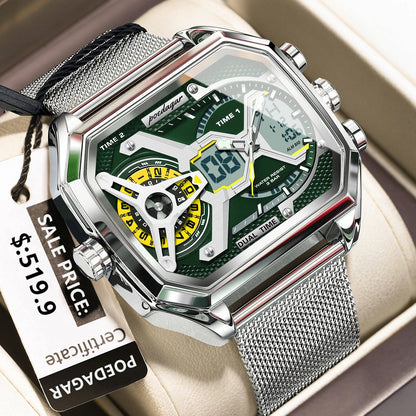 POEDAGAR Top Fashion Men Clock Rectangle Waterproof Date Week LED Man Watch Electronic Mesh Stainless Steel Quartz Men's Watches Good Vibrations