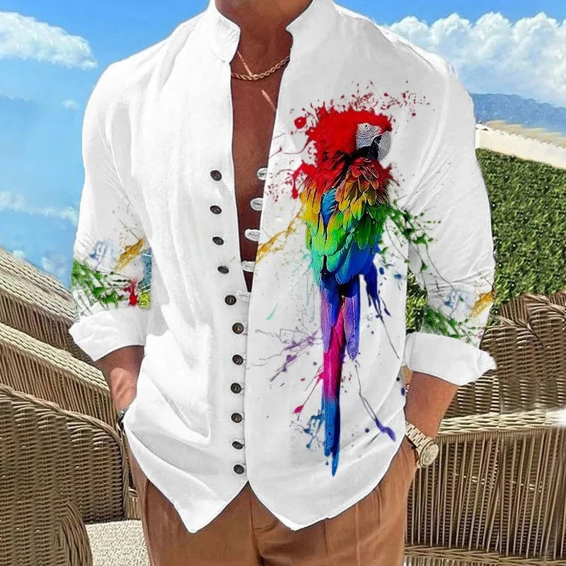 Men Shirts New Print Button Shirt Fashion Stand Collar Loose Fitting Men's Shirts Casual Streetwear Comfortable Good Vibrations