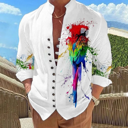 Men Shirts New Print Button Shirt Fashion Stand Collar Loose Fitting Men's Shirts Casual Streetwear Comfortable Good Vibrations