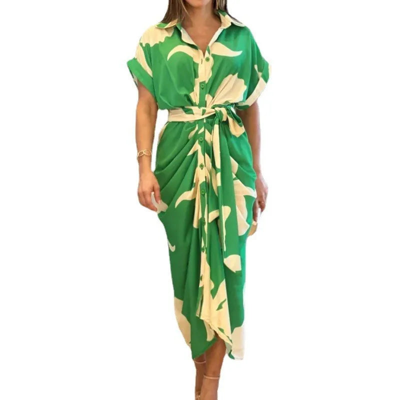 Elegant Dresses For Lady Vestidos 2026 Woman Dress Vestido Commuting Temperament Printed Irregular Leace-up Lapel Slim Contrast Good Vibrations