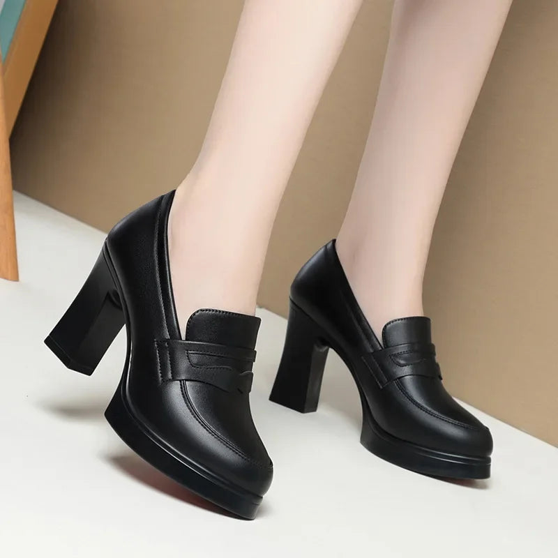 High Heels for Women 2025 Spring Slip on Pointed Toe Platform Heels Chunky Loafers Woman Black PU Leather Uniform College Shoes Good Vibrations