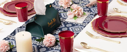 Plates Disposable, 50 Plastic Maroon Plates, Red Plastic Dinnerware Set, 25 10oz Cups, 75 Gold Cutlery, 25 Gold Napkins Good Vibrations