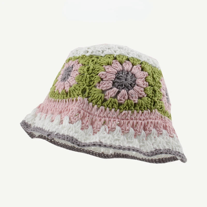 2024 Spring New Crochet Hat Korean Handmade Bucket Hat Women's Weaving Knitted Hat Y2k Fashion Flowers Autumn Winter Ins Beanies Good Vibrations