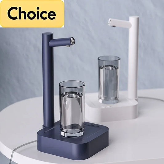 Portable desktop electric water dispenser pump in black and white with a glass of water on each unit.