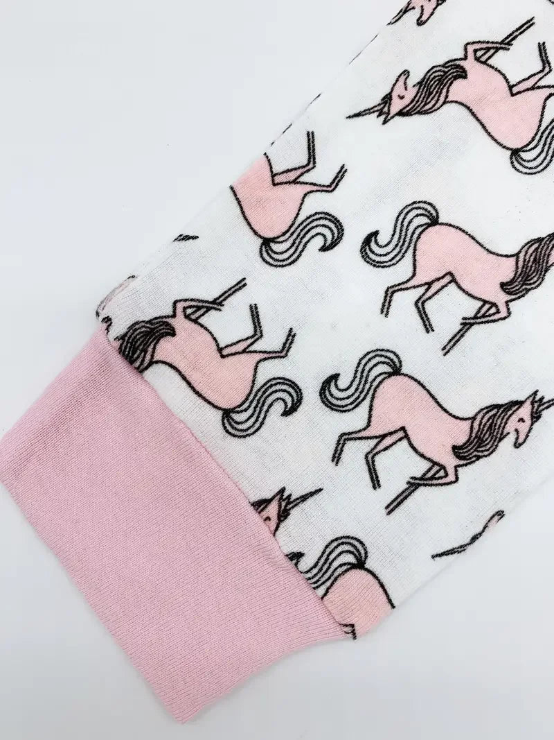 2pcs Girls Casual Cartoon Unicorn Print Crew Neck Pink Cotton Pajama Sets Good Vibrations