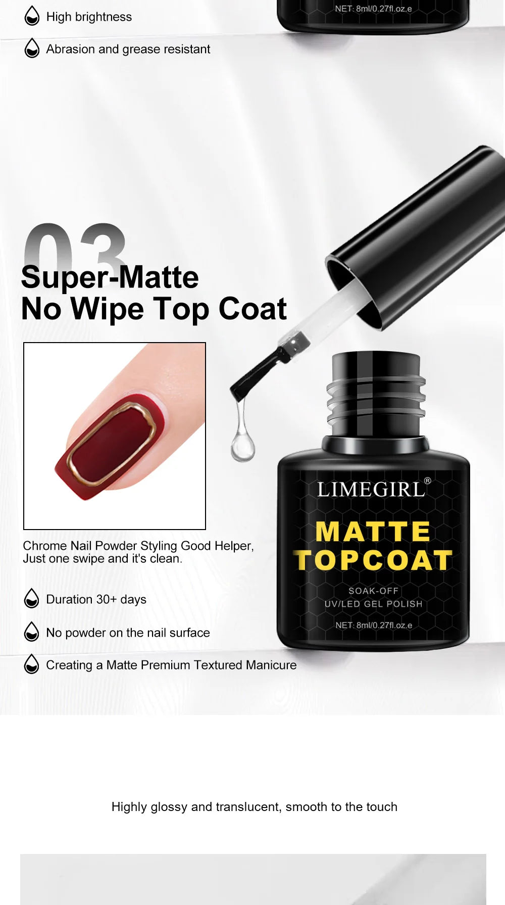 LIMEGIRL 8ml Soak Off Matte Top Base Coat for Nails UV Gel Polish Semi Permanent Functional Manicure Top Base Coat Varnish Good Vibrations