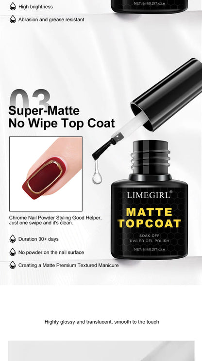 LIMEGIRL 8ml Soak Off Matte Top Base Coat for Nails UV Gel Polish Semi Permanent Functional Manicure Top Base Coat Varnish Good Vibrations