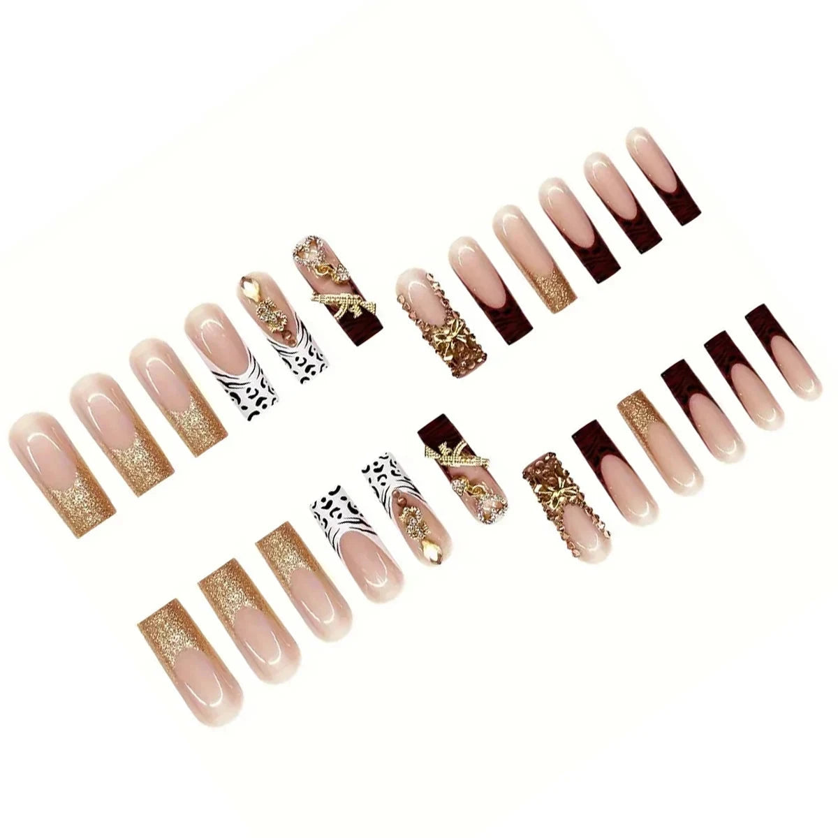 24 pieces of long square armor gold French white leopard print French 3d gold gun flash diamond gold dollar diamond gold - Good Vibrations