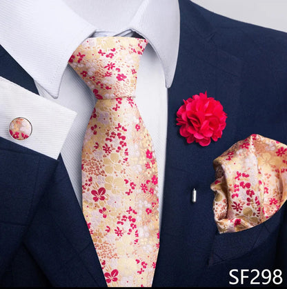 Luxury Mens Ties Floral Black Gold Ties Paisley NeckTie Pocket Square Cufflinks Brooch Set Men's Wedding Party Tie Good Vibrations