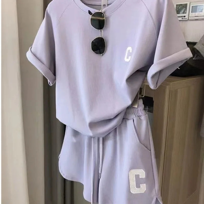 2 Piece Set Women Summer Loose Short Sleeve T-Shirt Casual Shorts Sports Print Letter Casual Suit Large Size Short Pajamas Good Vibrations
