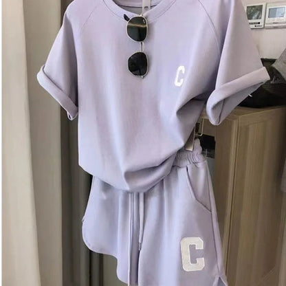  2 Piece Set Women Summer Loose Short Sleeve T-Shirt Casual Shorts Sports Print Letter Casual Suit Large Size Short Pajamas Good Vibrations