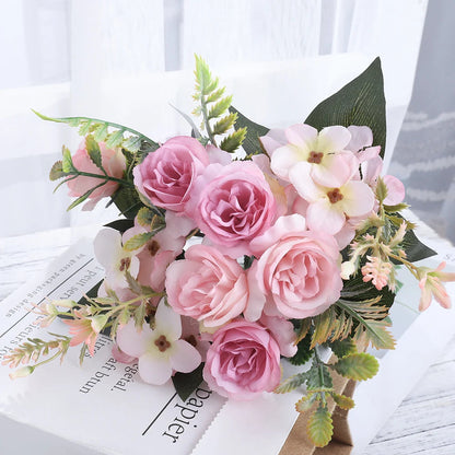 Beautiful Roses Autumn Artificial Flowers Silk Peony Hydrangea Big Bride Bouquet Wedding Home Party DIY Decoration Fake Flowers Good Vibrations