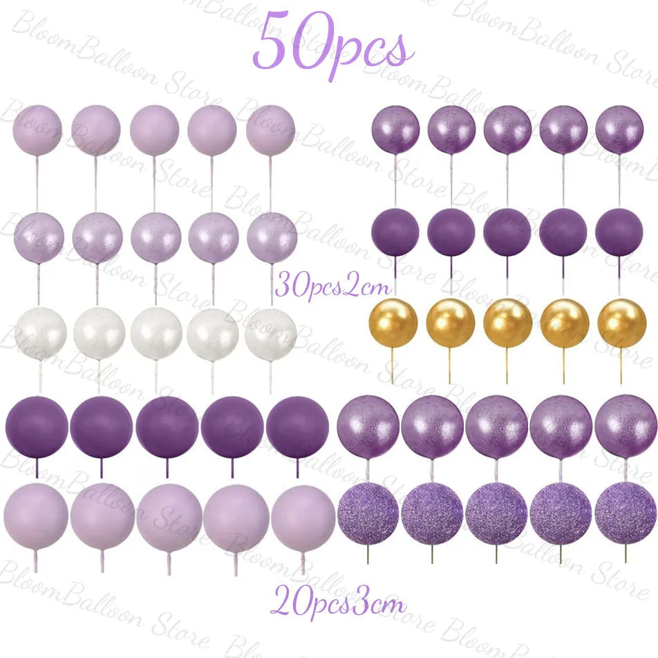 50pcs Purple Cake Topper Balls Pearl Purple Gold Balls Cake Toppers for Cake Decoration Birthday Party Baby Shower Wedding Decor Good Vibrations