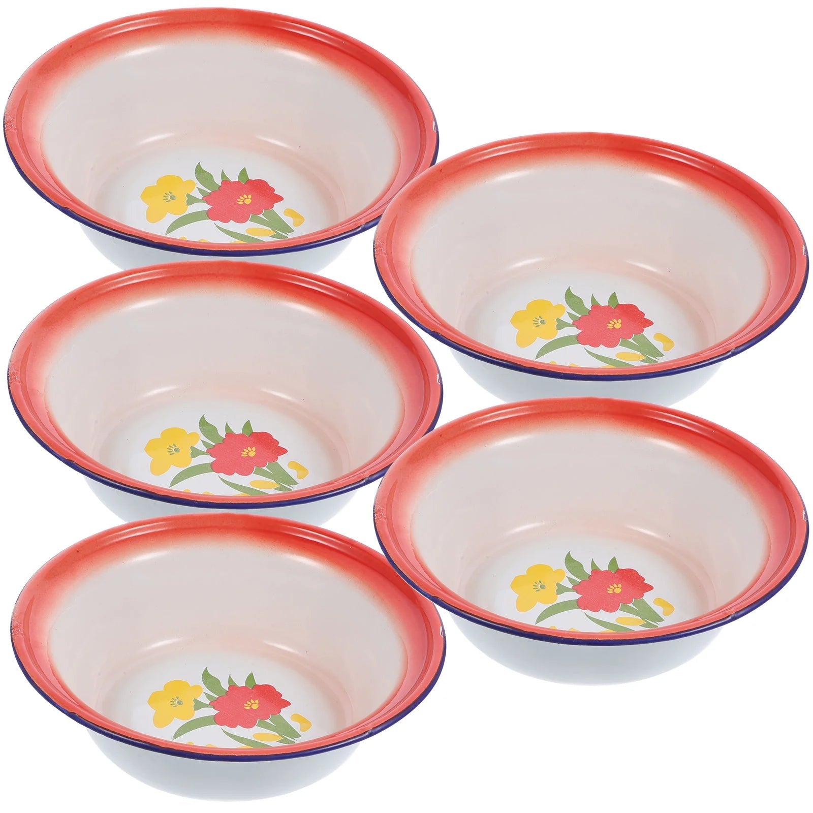 5 Pcs Red Floral Retro Enamel Disc Vintage Dinnerware Sets Enamelware Bowls Metal Plates Kitchen Storage Serving Tableware Good Vibrations
