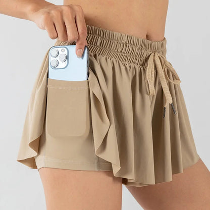 2 in 1 Flowy Sports Shorts Women Running Short Butterfly Tennis Skirt with Pockets Gym Yoga Athletic Biker Spandex Skirts Summer Good Vibrations