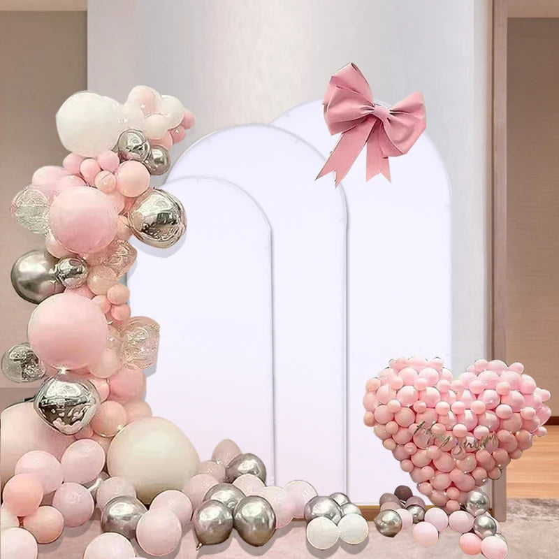 Wedding Arch Backdrop Stand and Cover Set (7.2FT, 6.6FT, 5.9FT) 3 Gold Metal Arch Stands 3 White Spandex Arch Covers for Party Good Vibrations