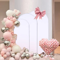 Wedding Arch Backdrop Stand and Cover Set (7.2FT, 6.6FT, 5.9FT) 3 Gold Metal Arch Stands 3 White Spandex Arch Covers for Party Good Vibrations