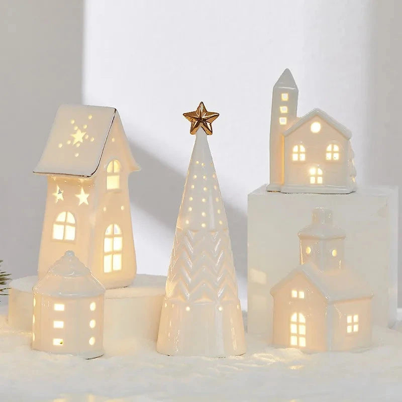Christmas Ceramic Light Up Tree House Desktop Ornament Holiday Home Decor Tabletop Decoration Christmas Perfect Gift Idea Good Vibrations
