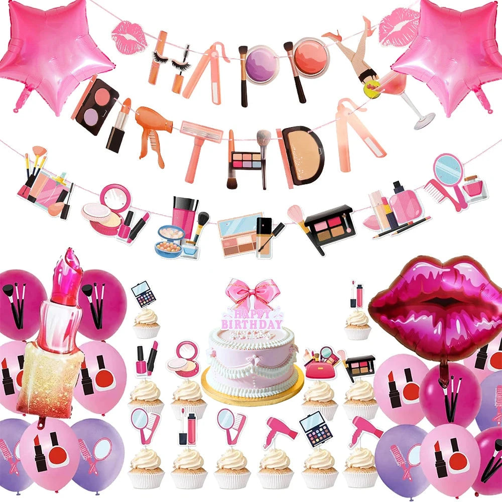 Spa Makeup Party Decorations Happy Birthday Banner Balloons Cake Topper for Girls Women Makeup Birthday Spa Party Decor Supplies Good Vibrations