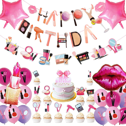 Spa Makeup Party Decorations Happy Birthday Banner Balloons Cake Topper for Girls Women Makeup Birthday Spa Party Decor Supplies Good Vibrations