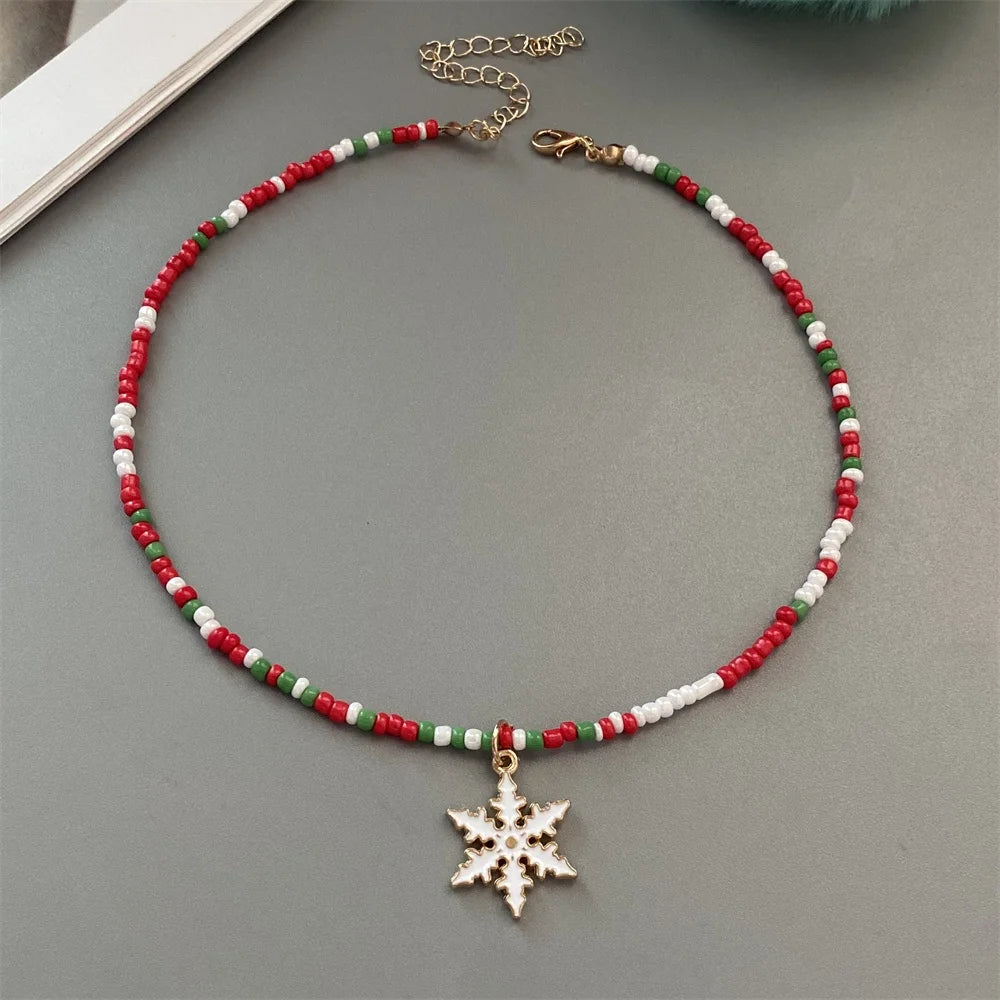 Christmas Necklaces for Women Girls Handmade Rice Beads X'mas Tree Santa Claus Snowman Gift Necklace Pendant New Year Jewelry Good Vibrations