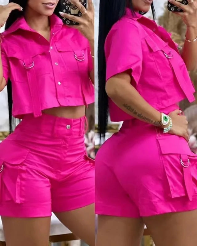 Two Piece Set Women Outfit 2024 Summer Short Sleeve Turn-Down Collar Buttoned Crop Top Casual Pocket Design Vacation Pants Set Good Vibrations