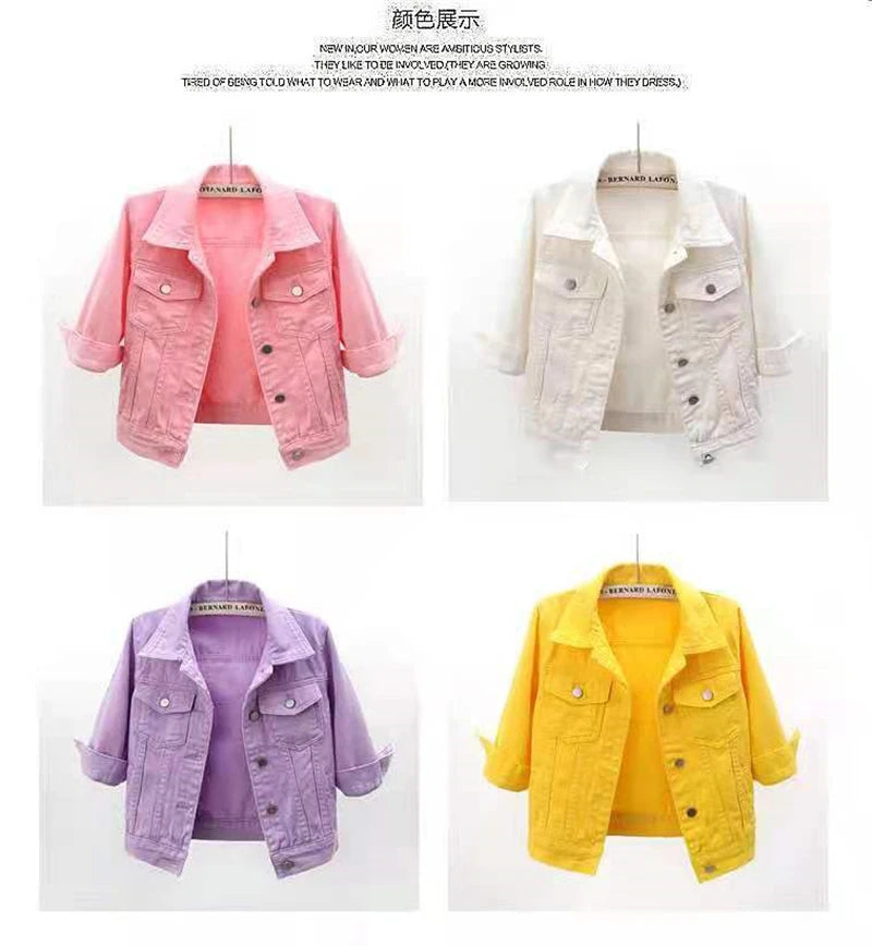 2024 New Women Spring Autumn Denim Jacket Tops Pink Color Solid Short Multicolor Feminino Three Quarter Sleeve Jean Jacket Good Vibrations