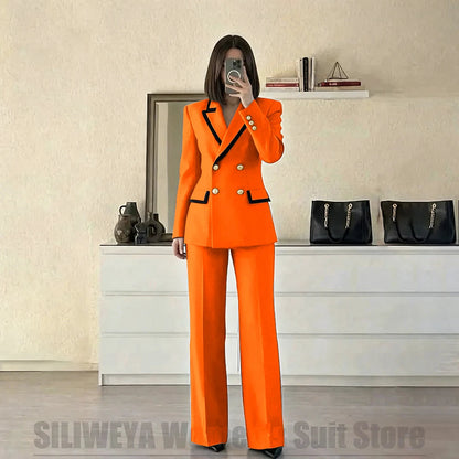 Women's Red Suit Two Piece Set Double Breasted Blazer with Black Trim and Pants Elegant Formal Fashion Daily Casual Party Tuxedo Good Vibrations
