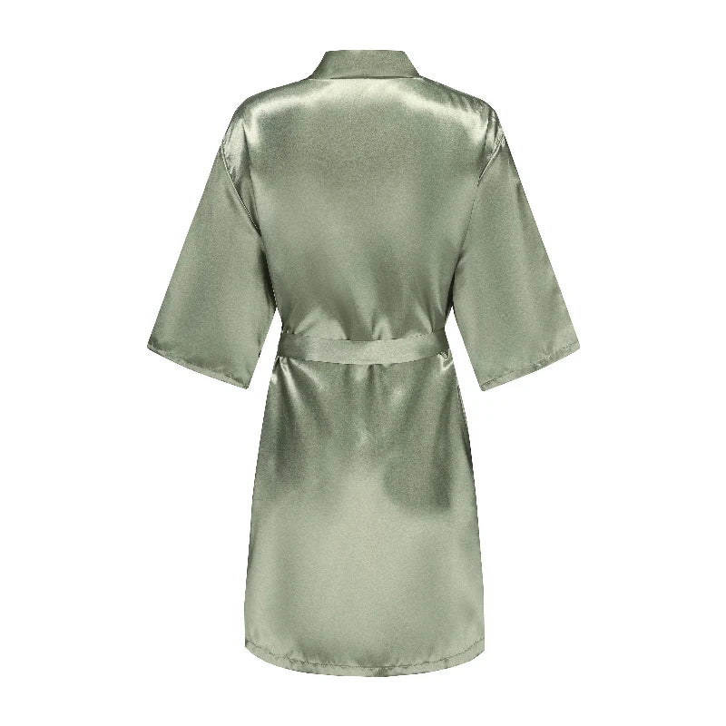 Grass Green Women's White Letter Bride Bridesmaid Short Satin Robes for Wedding Party Getting Ready Good Vibrations