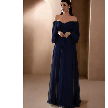 Dresses For Woman Elegant vestidos Solid Color Slim Robe Evening Dress Sexy One Line Neck Simple Style Long Sleeves Simple Style Good Vibrations
