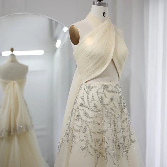 Sharon Said Saudi Arabic Beige Halter Evening Dresses for Wedding Dubai Crystal Long Formal Gowns Party Dress SS444 Customized