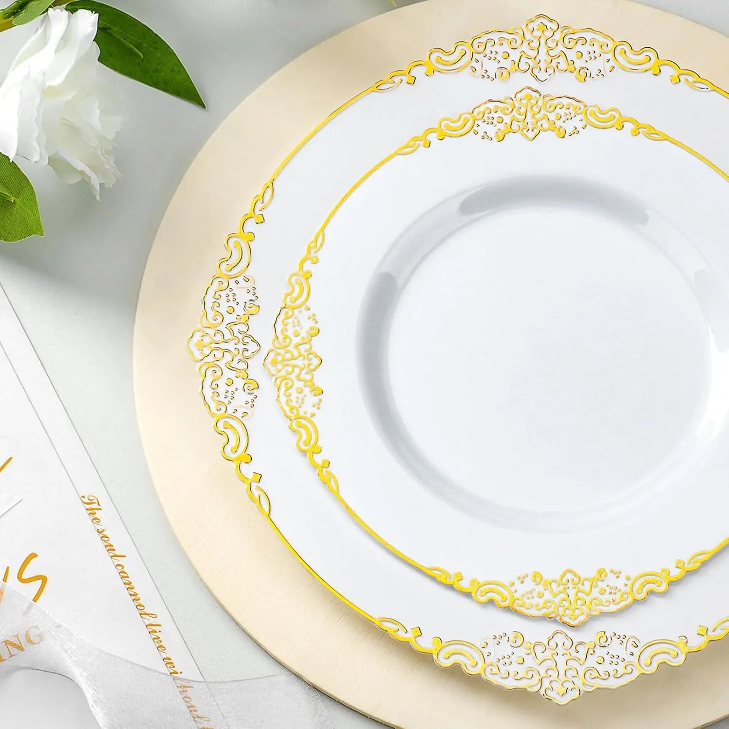 350PCS Gold Plastic Plates for 50 Guests, Disposable Dinnerware Sets Include 100 Gold Rim Plastic Plates, 50 Silverwares Good Vibrations