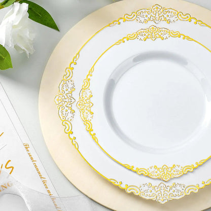 350PCS Gold Plastic Plates for 50 Guests, Disposable Dinnerware Sets Include 100 Gold Rim Plastic Plates, 50 Silverwares Good Vibrations