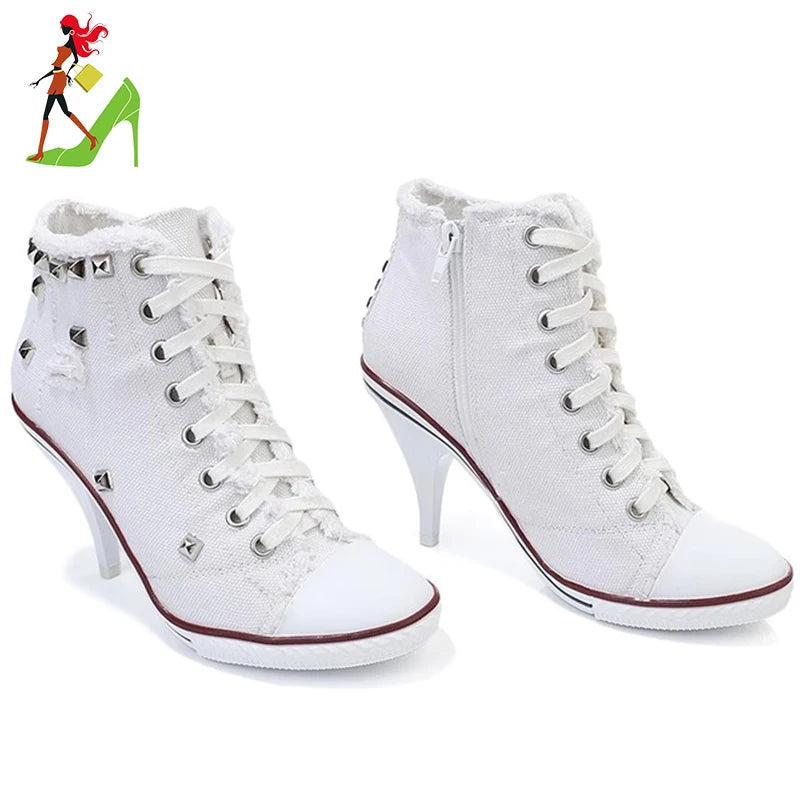Women Boots Short High Heels Shoes For Women Botas British Style Rivet Ankle Boots Pointed Toe Side zipper strap Female Heels Good Vibrations