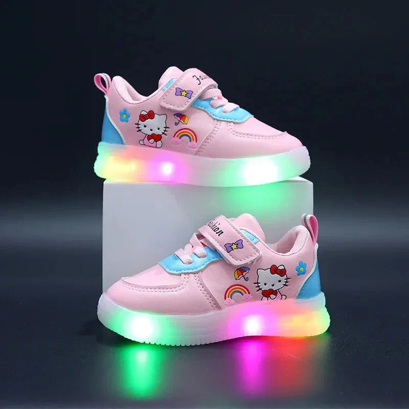 Sanrio LED Kids Shoes for Girls Cute Cartoon Hello Kitty Shoes Summer Girl Kawaii Shoes Soft Bottom Sneakers Casual Shoes Good Vibrations