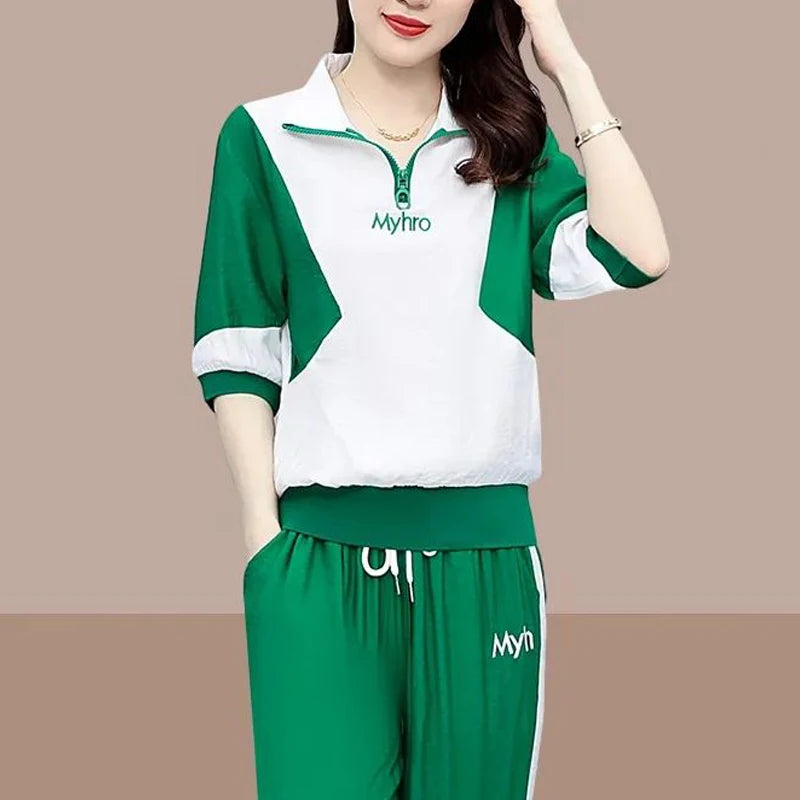 2 Piece Sets Women 2024 Summer Fashion Contrast Color Half Zipper Short Sleeve Tops Casual Pockets Sports Joggers Pants Outfits Good Vibrations