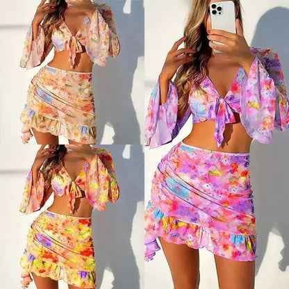2026 New 4 Piece Bikini Set Women  Floral Print Long Sleeve Mesh Cover Up Ruffle Skirt Swimsuit  Sexy Bathing Suit Swimwear Good Vibrations